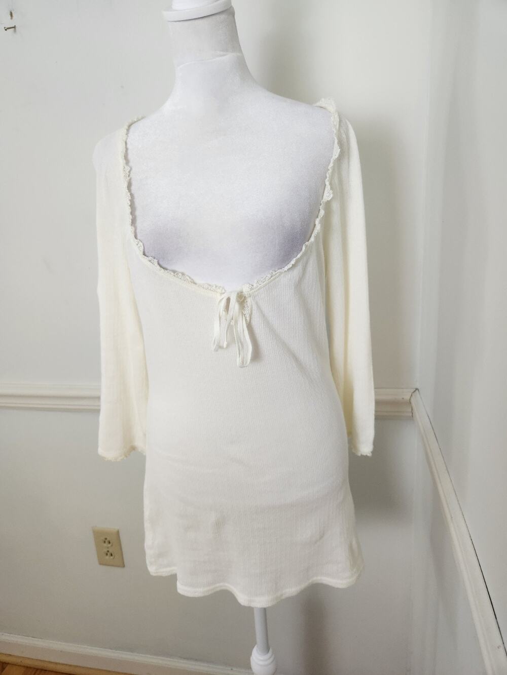 Vtg Y2K Free People Shirt Size Large Womens Cream Coquette Cottagecore Bow Top